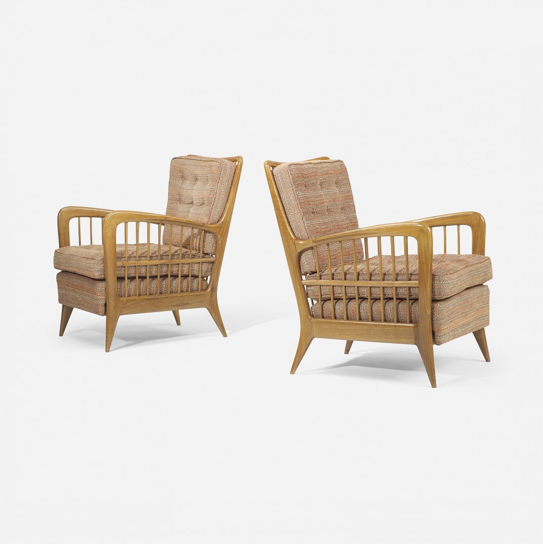 Paolo Buffa lounge chairs, pair: Paolo Buffa lounge chairs, pair Angelo Marelli Italy, c. 1940 beech, upholstery 23.25 w x 30 d x 32.25 h inches Literature: I Mobili di Paolo Buffa, Rizzi, pg. 34 and insert illustrate similar form Pr