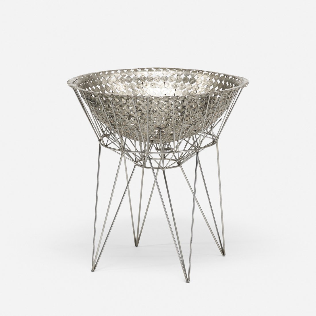 Johnny Swing Quarter planter: Johnny Swing Quarter planter USA, c. 2000 US Quarters, stainless steel 23 dia x 23.25 h inches This work is unique. Welded signature to attached tag on underside: [Swing]. Provenance: Gift of the arti