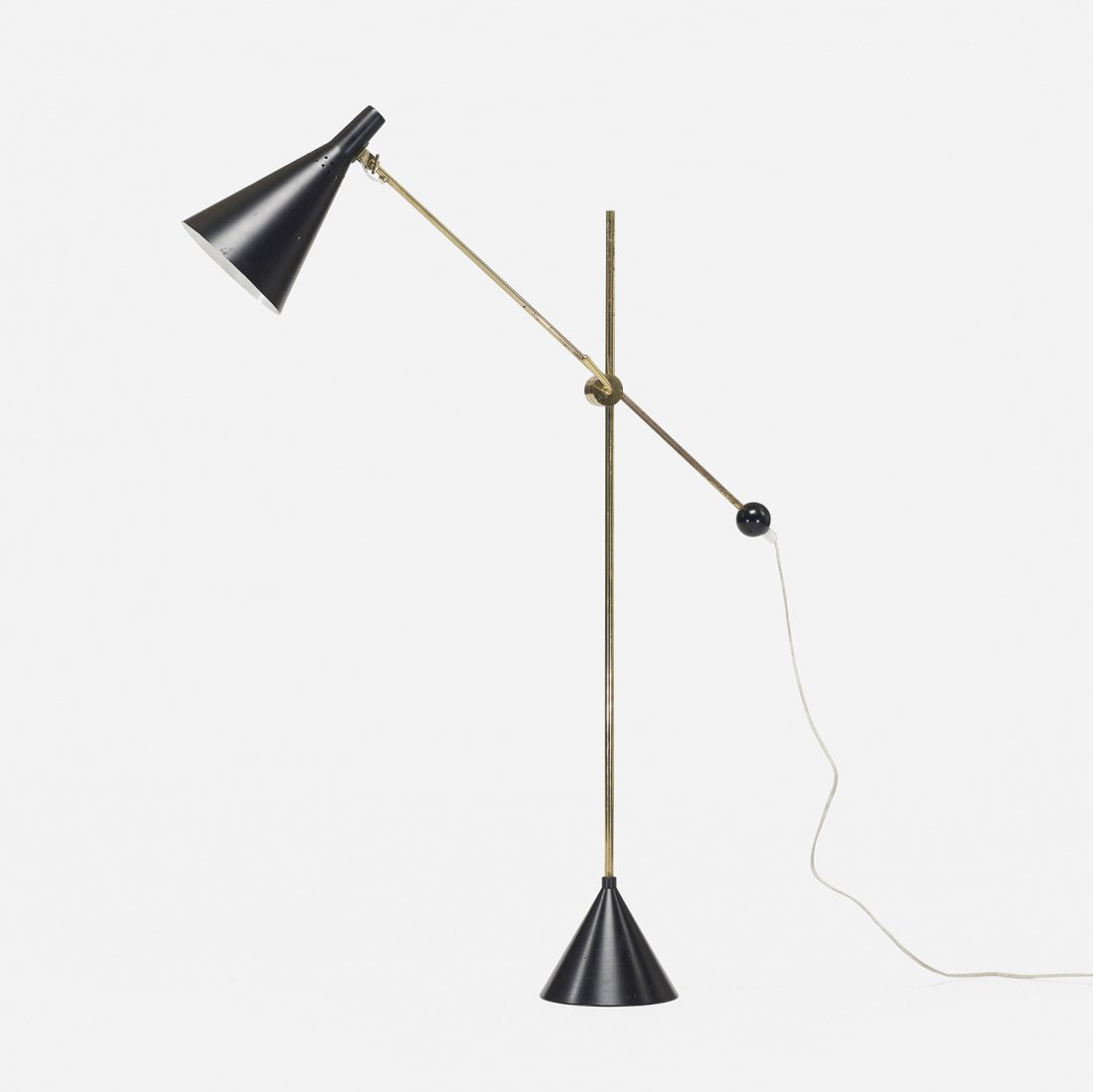 Tapio Wirkkala floor lamp, model K10-11: Tapio Wirkkala floor lamp, model K10-11 Idman Finland, 1958 enameled aluminum, brass, enameled steel 34 w x 7 d x 48 h inches Signed with impressed manufacturer's marks to stem: [Idman]. Literature: T
