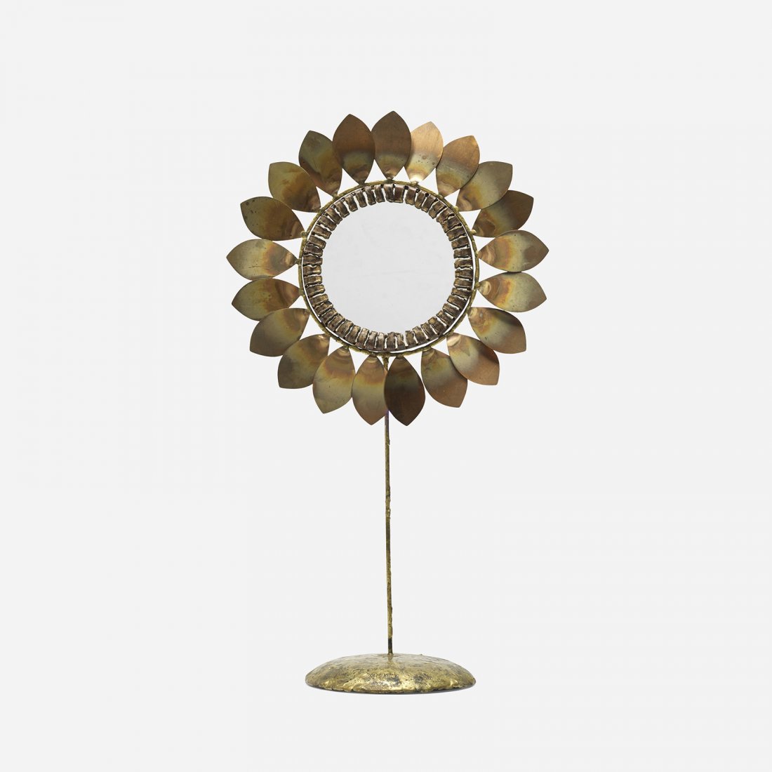 Curtis Jere table mirror: Curtis Jeré table mirror USA, 1967 brass, mirrored glass, brass melt-coated steel 13.25 w x 7 d x 23.5 h inches Signed and dated to base: [C. Jere 67].