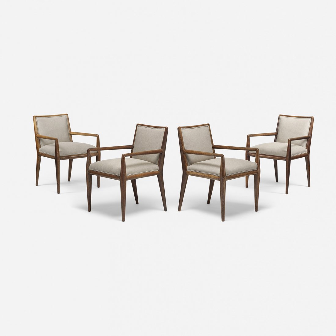 T.H. Robsjohn-Gibbings dining chairs, set of four: T.H. Robsjohn-Gibbings dining chairs, set of four Widdicomb United Kingdom, c. 1950 oak, upholstery 23 w x 25 d x 33 h inches