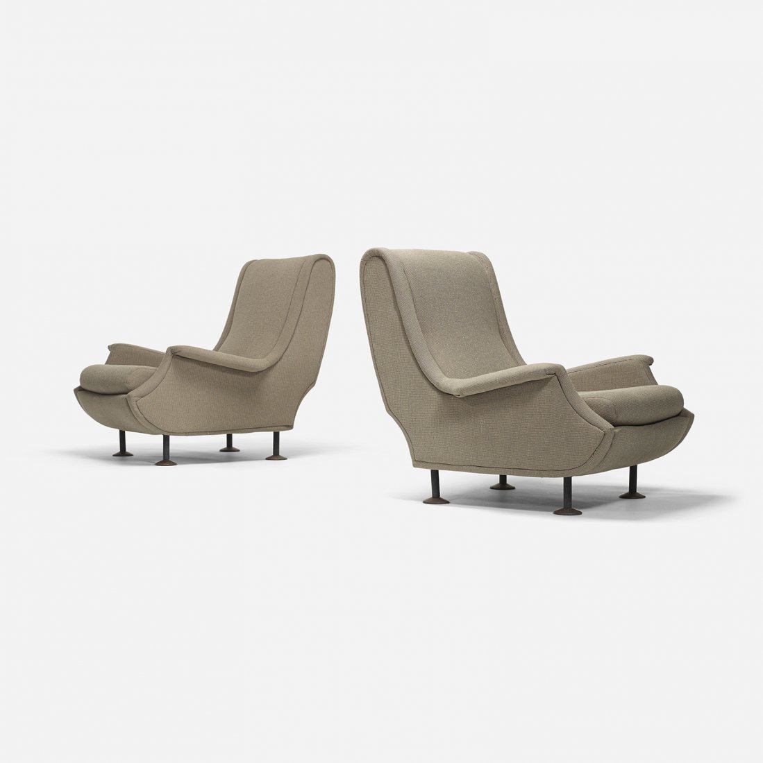 Marco Zanuso Regent lounge chairs, pair: Marco Zanuso Regent lounge chairs, pair Arflex Italy, 1960 upholstery, enameled steel, stained beech 33 w x 36 d x 32 h inches Signed with applied metal manufacturer's label to underside of one exampl