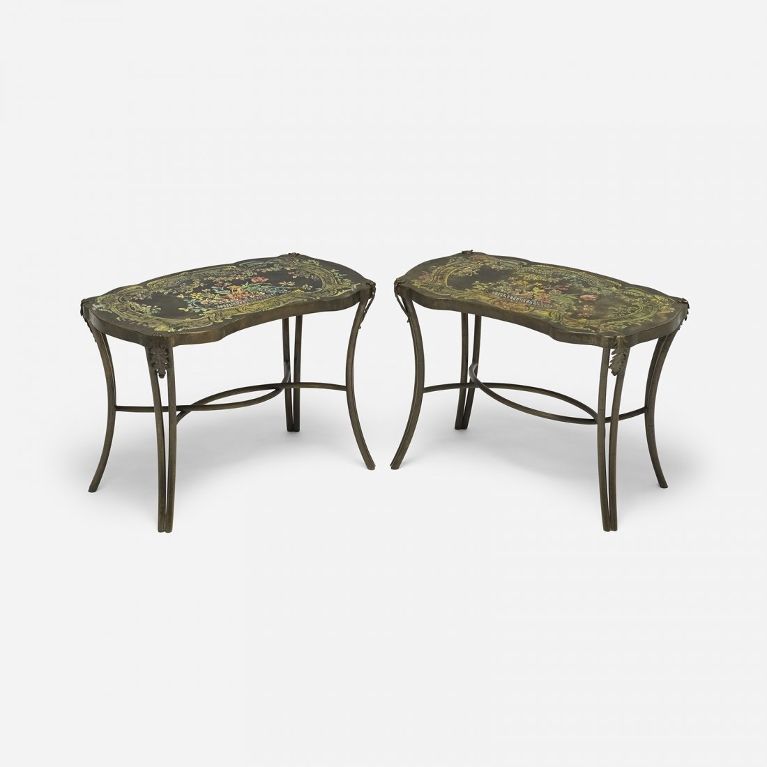 Philip and Kelvin LaVerne Pompadour tables, pair: Philip and Kelvin LaVerne Pompadour occasional tables, pair USA, c. 1965 acid-etched and enameled brass over wood 24.25 w x 14.5 d x 17 h inches Incised signature to top of one example and etched sign