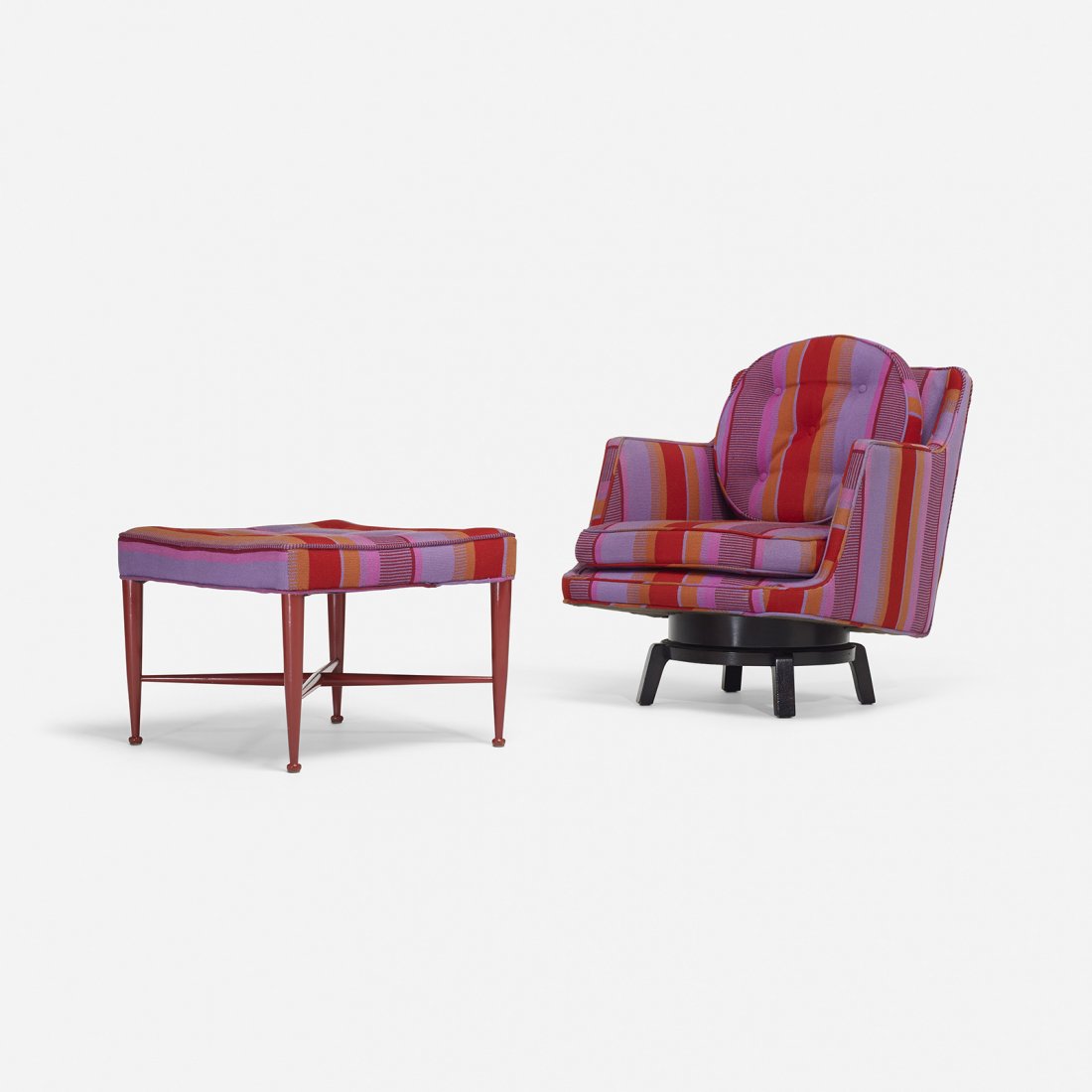 Edward Wormley Revolving chair, 5609 and ottoman, 5002: Edward Wormley Revolving lounge chair, model 5609 and ottoman, model 5002 Dunbar USA, 1956 upholstery, lacquered mahogany, lacquered wood 27.5 w x 33 d x 32 h inches Ottoman measures: 23 w x 23 d x 17