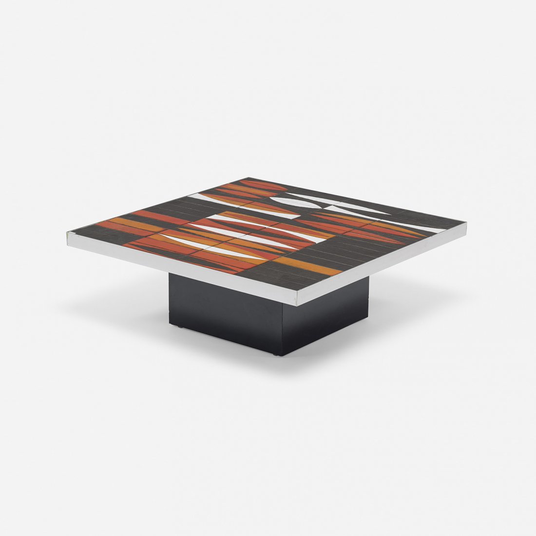 Roger Capron coffee table: Roger Capron coffee table Vallauris France, c. 1965 glazed ceramic, laminate, aluminum 31.5 w x 31.75 d x 11.75 h inches Signed to top: [R. Capron].