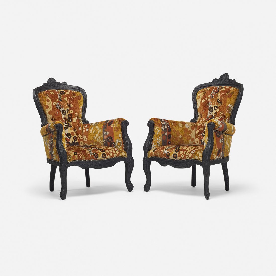 Maarten Baas Smoke armchairs, pair: Maarten Baas Smoke armchairs, pair Moooi The Netherlands, 2003 burned and lacquered wood, upholstery, brass 29 w x 32.5 d x 40.75 h inches