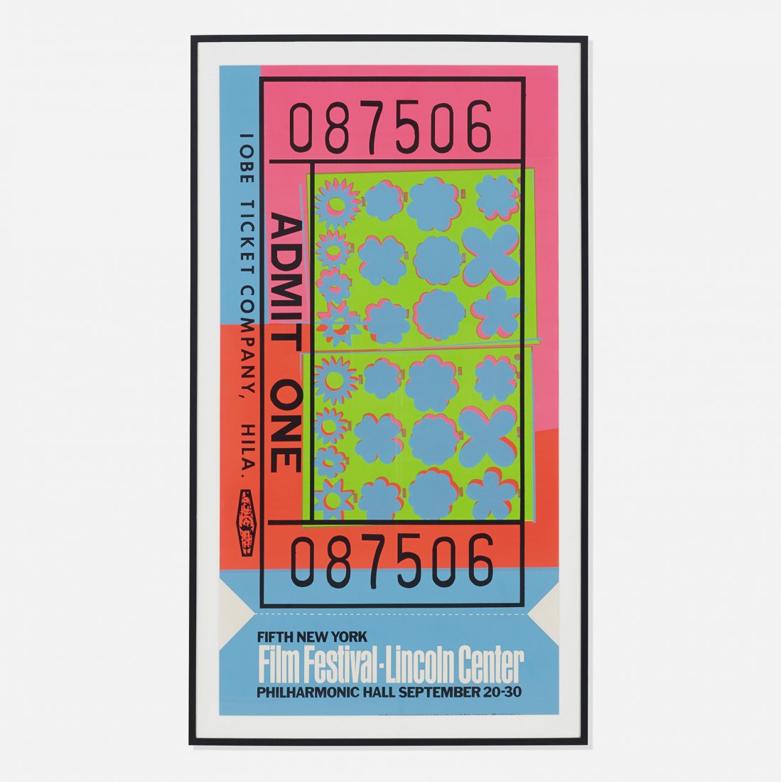Andy Warhol Ticket Stub, Film Festival - Lincoln Center: Andy Warhol Ticket Stub exhibition poster for the Film Festival - Lincoln Center USA, 1967 offset lithograph on paper 44.75 h x 23.5 w inches This work is from the unsigned edition of 500 published by