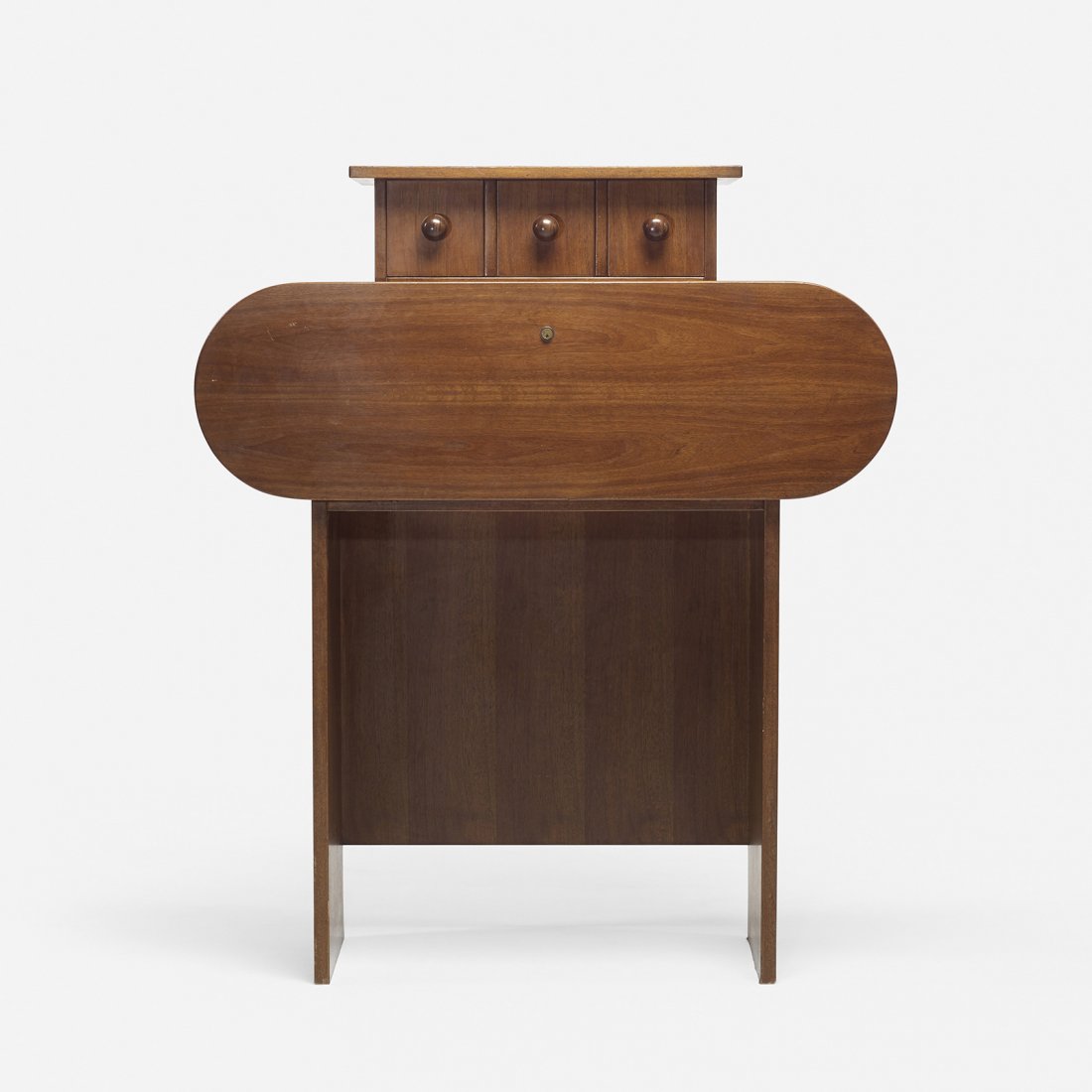 Ettore Sottsass Barbarella cabinet: Ettore Sottsass Barbarella cabinet Poltronova Italy, 1966 walnut 42 w x 16 d x 47.75 h inches Cabinet features three drawers above a drop-front writing surface. Literature: Repertorio del Design Itali