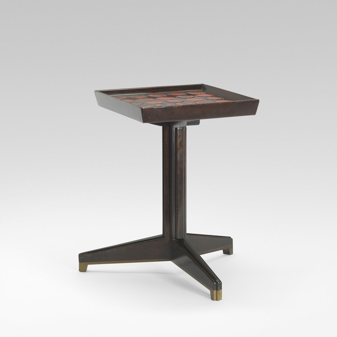 Edward Wormley Janus occasional table, model 6047: Edward Wormley Janus occasional table, model 6047 Dunbar USA, 1960 lacquered mahogany, Natzler ceramic tiles, brass 15.75 w x 11.25 d x 16.5 h inches Signed with applied gold metal manufacturer's labe
