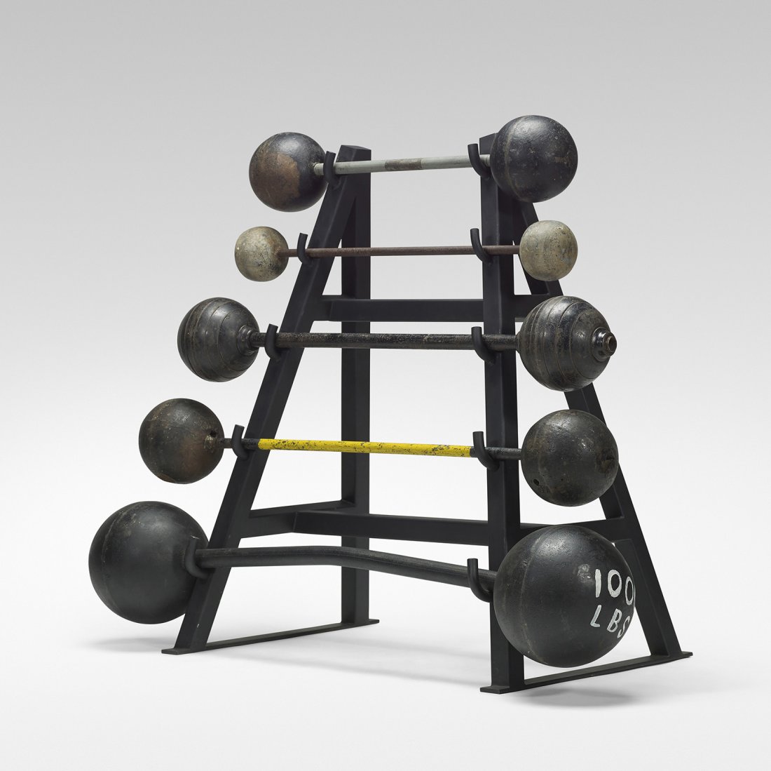 American collection of five barbells with stand