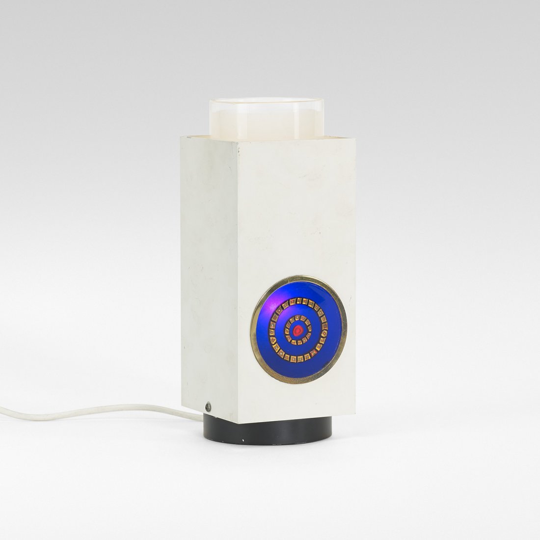 Angelo Lelli Murina table lamp, model 13090: Angelo Lelli Murina table lamp, model 13090 Arredoluce Italy, c. 1968 enameled aluminum, Vistosi glass murrine, enameled brass, frosted glass, brass 3.25 w x 3.25 d x 8.5 h inches Literature: Arredolu