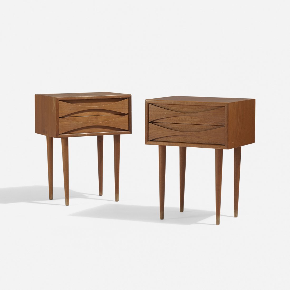 Arne Vodder nightstands, pair: Arne Vodder nightstands, pair Sibast Furniture Denmark, c. 1960 teak 15.75 w x 12.5 d x 21.5 h inches Signed with applied metal label to drawer of one example: [NC Mobler Odense].