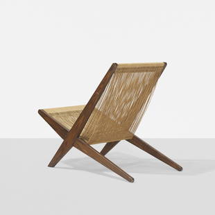 Poul Kjaerholm and Jorgen Hoj Snedkerier lounge chair: Poul Kjaerholm and Jorgen Hoj Snedkerier lounge chair Thorald Madsen Snedkeri Denmark, 1952 stained pine, jute 19.5 w x 35 d x 28 h inches Literature: The Furniture of Poul Kjaerholm: Catalogue Raison