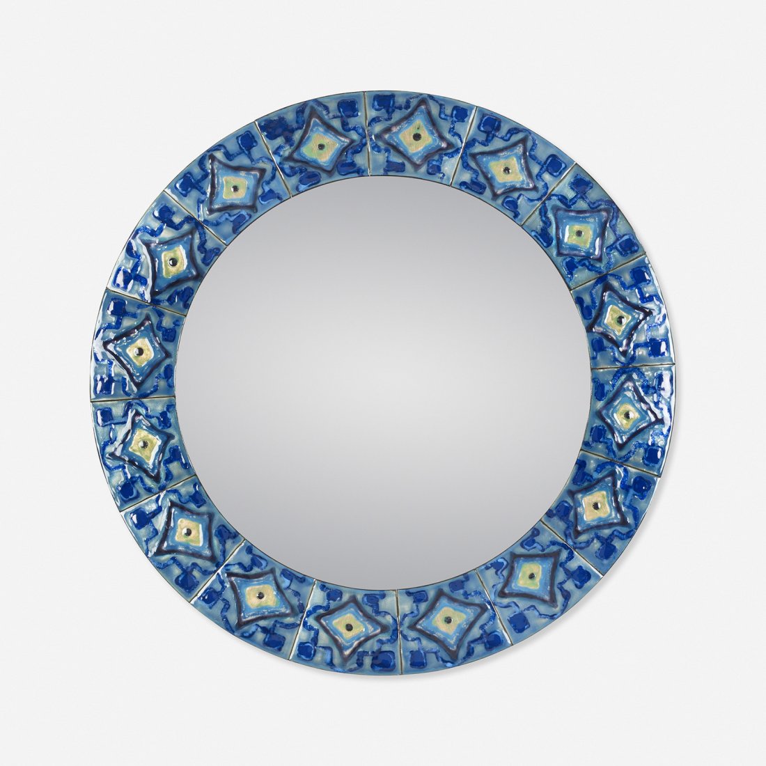 Bodil Eje mirror: Bodil Eje mirror Denmark, c. 1960 fire-enameled copper, mirrored glass 23.75 dia x 12.75 h inches Signed with applied manufacturer's label to reverse: [Bodil Eje Emalje Kobenhavn]. Signed with applied