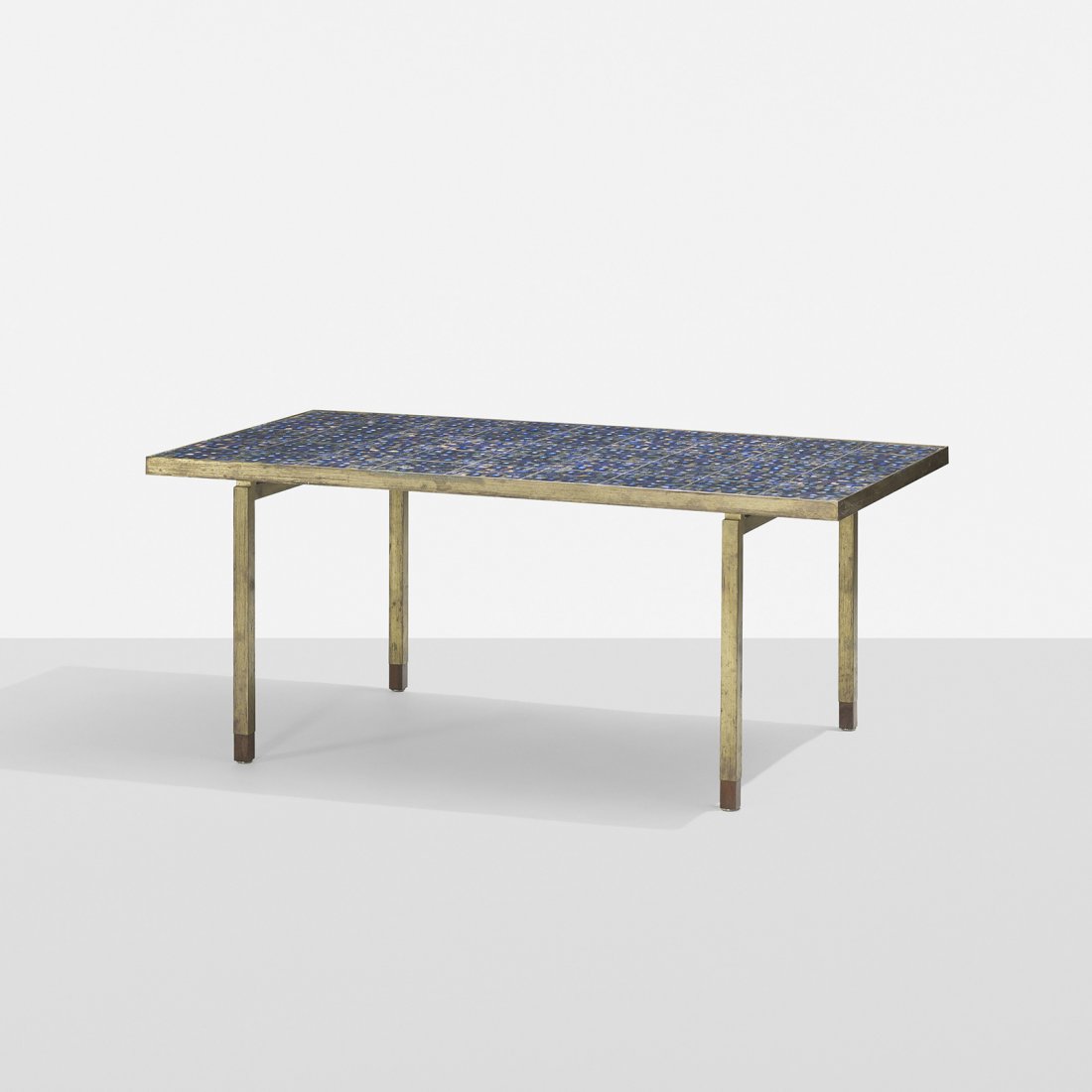 Bodil Eje coffee table: Bodil Eje coffee table Denmark, c. 1960 fire-enameled copper, brass, rosewood 43 w x 24 d x 18.75 h inches