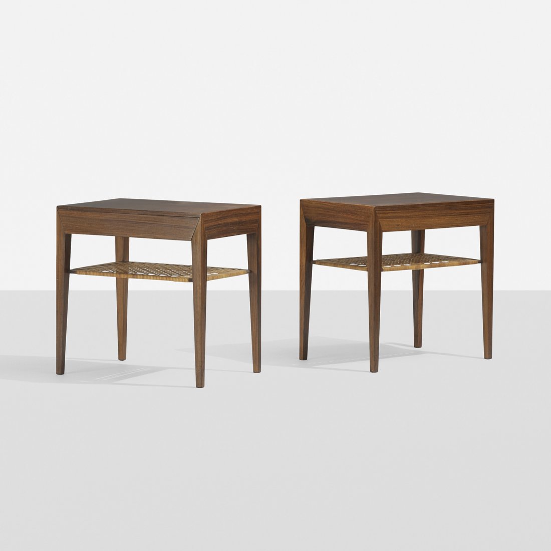 Severin Hansen nightstands, pair: Severin Hansen nightstands, pair Haslev Mobelsnedkeri A/S Denmark, c. 1965 rosewood, cane 19.5 w x 13.75 d x 19.5 h inches Each nightstand features a single drawer.