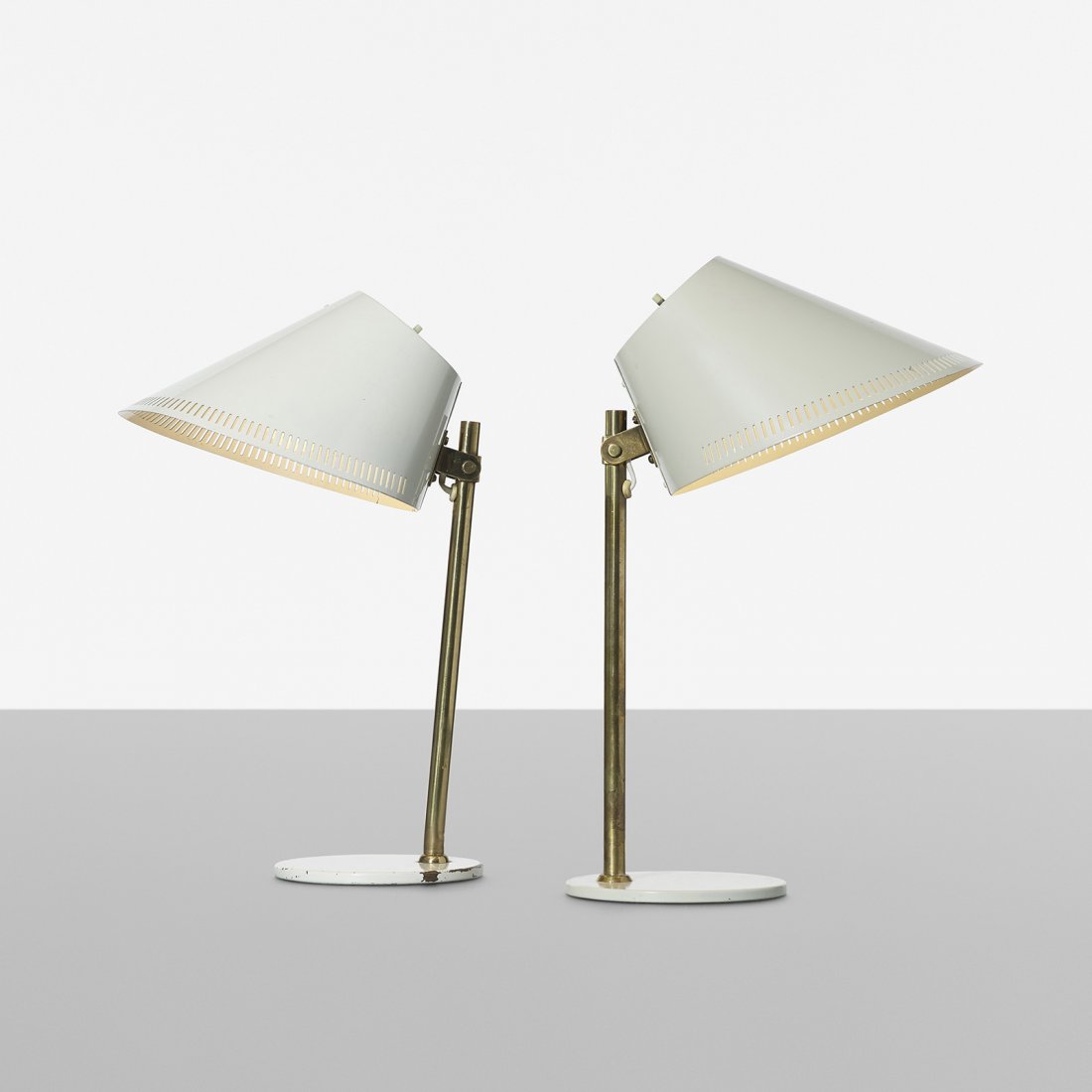 Paavo Tynell table lamps model 9227, pair: Paavo Tynell table lamps model 9227, pair Taito OY/Idman Finland, c. 1954 enameled aluminum, brass, enameled steel 8.5 w x 12 d x 16.5 h inches Signed with impressed manufacturer's mark to underside o