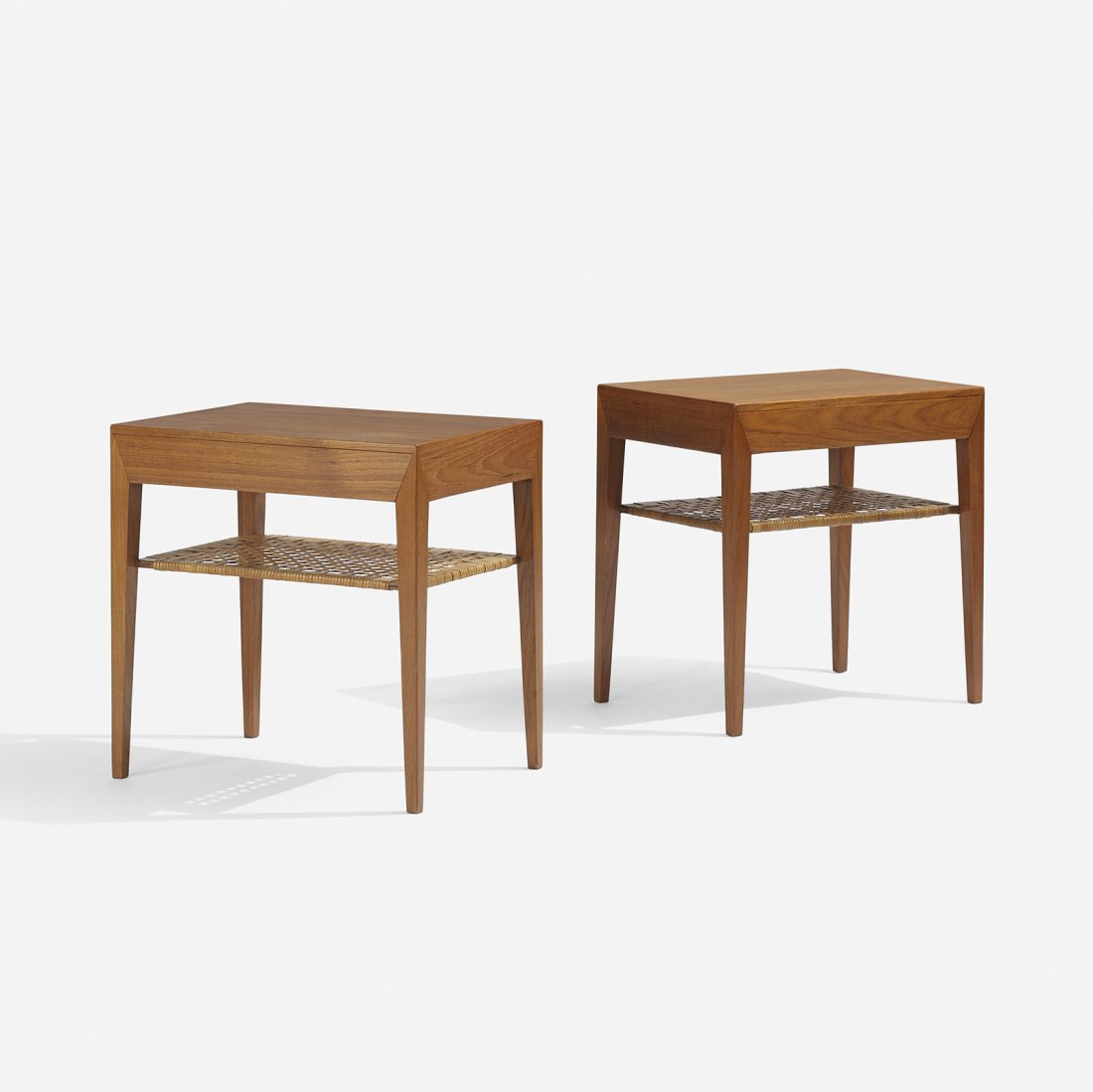 Severin Hansen nightstands, pair: Severin Hansen nightstands, pair Haslev Mobelsnedkeri A/S Denmark, c. 1965 teak, caning 19.5 w x 13.25 d x 19.5 h inches Each nightstand features a single drawer. Signed with branded manufacturer's ma