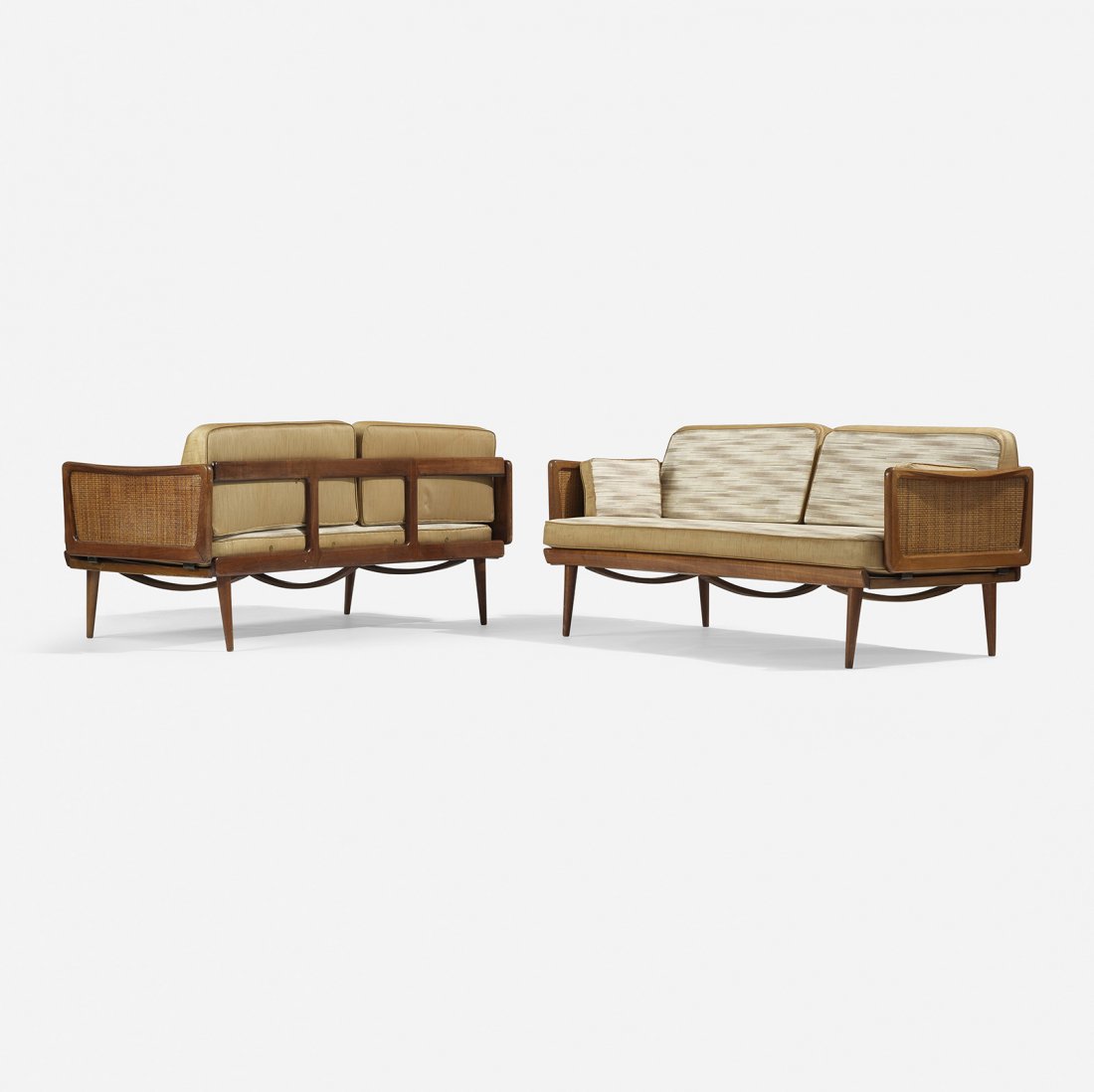 Peter Hvidt daybeds model FD 451, pair: Peter Hvidt daybeds model FD 451, pair France & Davenkosen Denmark, c. 1956 lacquered teak, vinyl, lacquered cane 65.5 w x 32 d x 29.5 h inches Signed with impressed manufacturer's mark to frame of ea