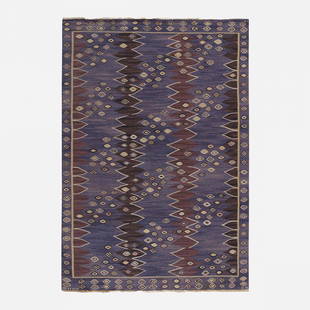 Barbro Nilsson Snackorna tapestry weave carpet: Barbro Nilsson Snackorna tapestry weave carpet Marta Maas-Fjetterstrom AB Sweden, 1943 hand-woven wool 74.5 w x 108 l inches Woven signature to edge: [AB MMF BN]. Literature: Marta Maas-Fjetterstrom: