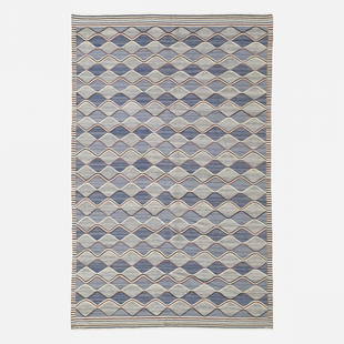 Barbro Nilsson Spattan tapestry weave carpet: Barbro Nilsson Spattan tapestry weave carpet Marta Maas-Fjetterstrom AB Sweden, 1943 hand-woven wool 95.5 w x 150 l inches Woven signature to edge: [AB MMF BN]. Literature: Marta Maas-Fjetterstrom: Ma