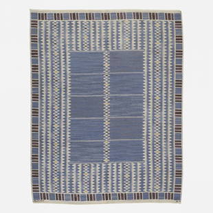 Barbro Nilsson Salerno flatweave carpet: Barbro Nilsson Salerno flatweave carpet Marta Maas-Fjetterstrom AB Sweden, 1948 hand-woven wool 86 w x 108 l inches Woven signature to edge: [AB MMF BN]. Literature: Marta Maas-Fjetterstrom: Marta fly