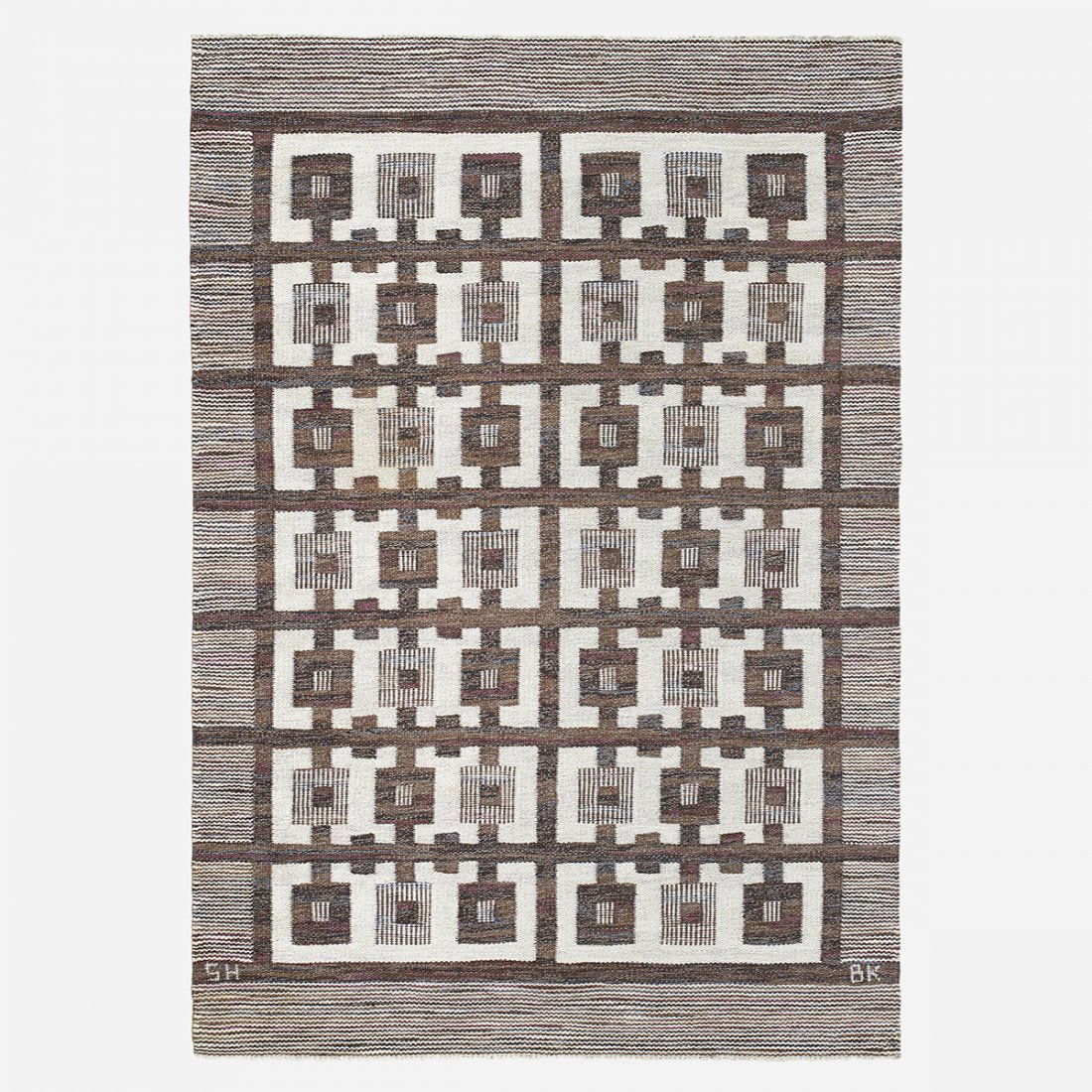 Berit Koenig flatweave carpet: Berit Koenig flatweave carpet Svensk Hemslojd Sweden, 3rd quarter 20th Century hand-woven wool 54 w x 78 l inches Woven signature to edge: [SH BK].