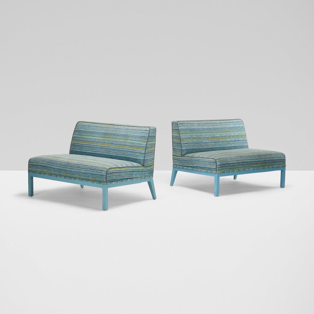 Paul Laszlo settees, pair: Paul Laszlo settees, pair Laszlo, Inc. USA, 1952 upholstery, lacquered wood 41 w x 32 d x 29 h inches These settes feature original Maria Kipp upholstery.