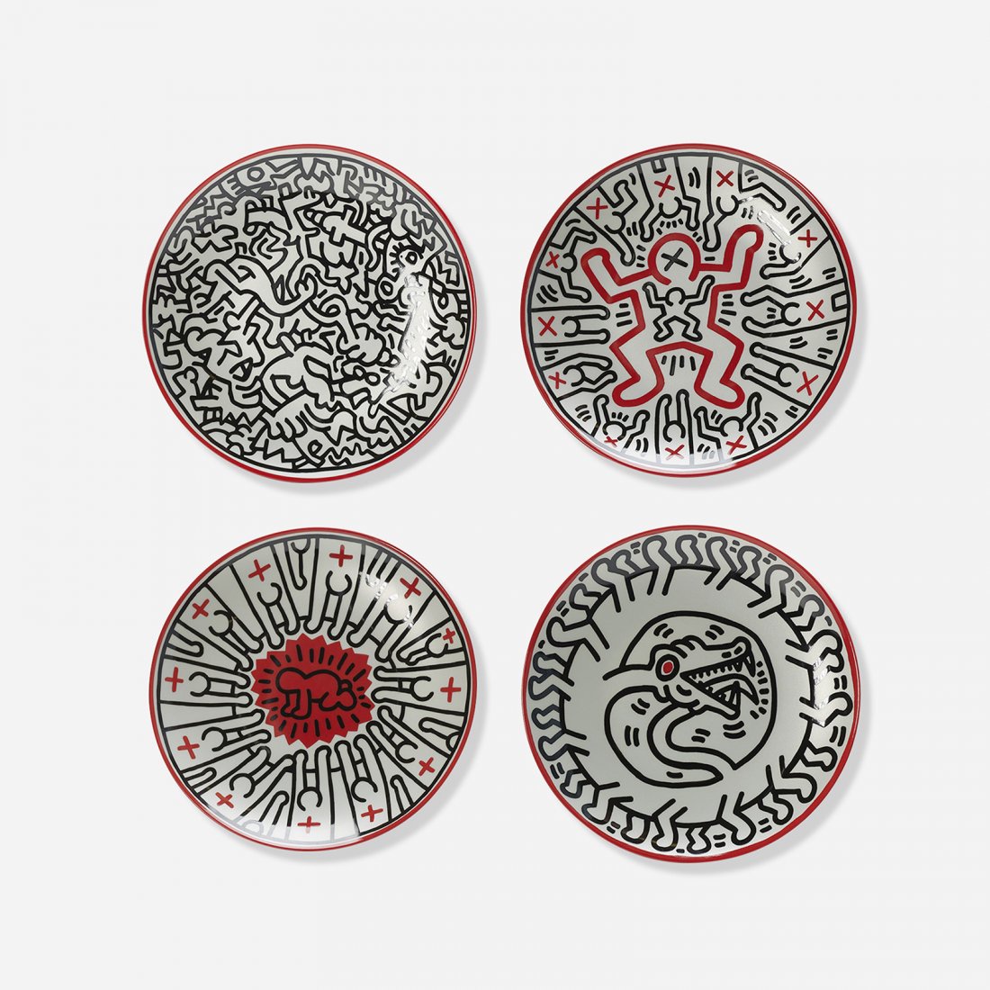 Keith Haring porcelain plates, set of four: Keith Haring porcelain plates, set of four USA, 2013 transfer-printed porcelain 8.25 dia x 1 h inches Printed to the reverse of each example: [Keith Haring by Ligne Blanche Limoges porcelain plate. De