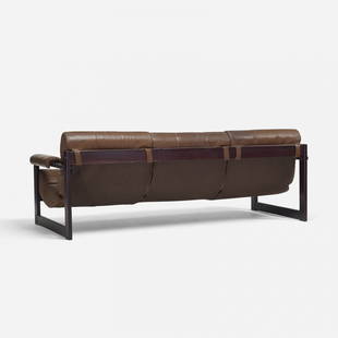 Percival Lafer sofa: Percival Lafer sofa Lafer S.A. Ind. Com. Brazil, c. 1958 jacaranda, leather 78 w x 32 d x 28 h inches Signed with applied foil manufacturer's label to front: [Design by Lafer MP Made in Brazil].