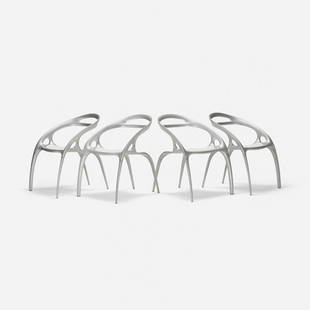 Ross Lovegrove Go Chairs, set of four: Ross Lovegrove Go Chairs, set of four Bernhardt United Kingdom, 1998 cast aluminum, plastic 23 w x 25 d x 30.5 h inches Signed with decal manufacturer's label to underside of each example: [Bernhardt