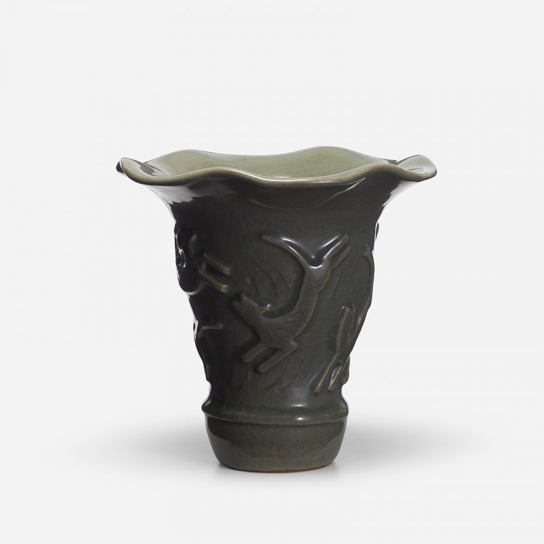 Jais Nielsen vase: Jais Nielsen vase Royal Copenhagen Denmark, c. 1945 glazed stoneware 9 dia x 8.5 h inches Signed with stamped manufacturer's mark to underside: [Royal Copenhagen Denmark]. Signed with glazed three-lin