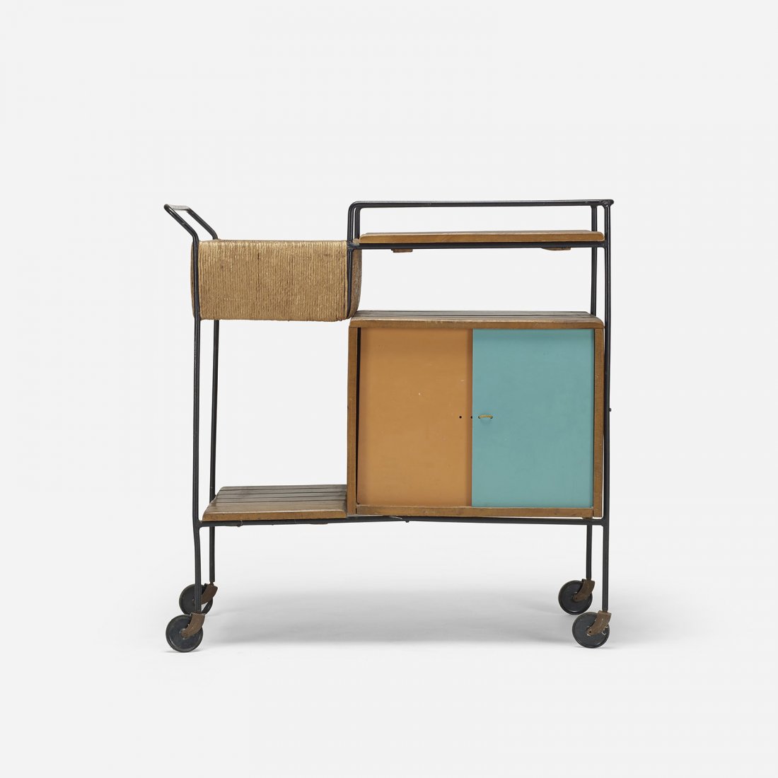 Arthur Umanoff bar cart: Arthur Umanoff bar cart Raymor USA, c. 1950 mahogany, enameled steel, jute, lacquered wood, plastic 35.5 w x 18 d x 32.25 h inches Cart features two sliding doors concealing storage.