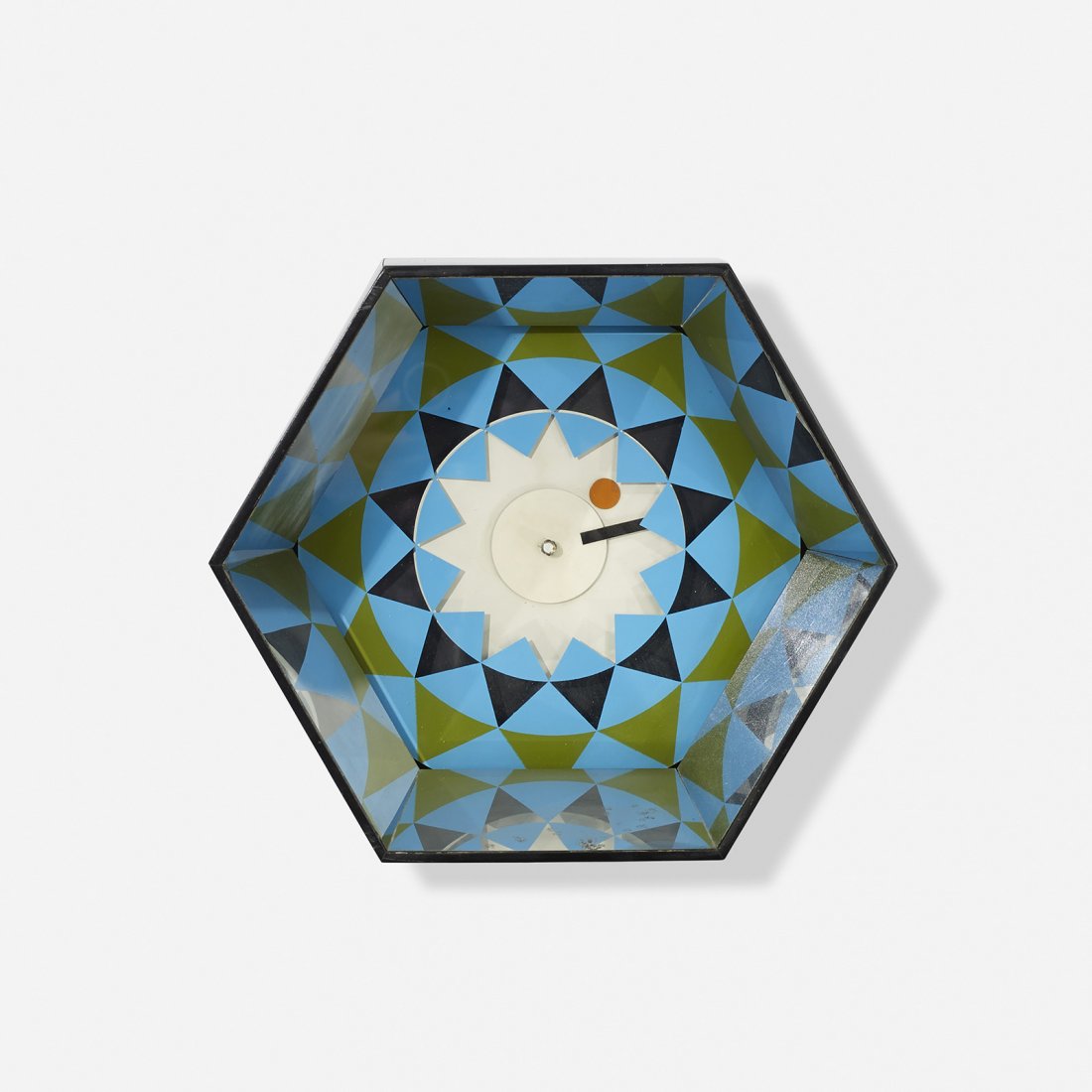 George Nelson & Associates Kaleidoscope wall clock 2277: George Nelson & Associates Kaleidoscope wall clock, model 2277 from the Motion Notion series Howard Miller Clock Company USA, 1959-60 lacquered wood, chrome-plated steel, transfer-print on acrylic, en
