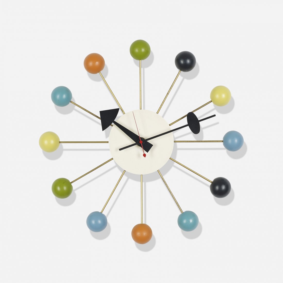 George Nelson & Associates Ball wall clock, model 4755: George Nelson & Associates Ball wall clock, model 4755 Howard Miller Clock Company USA, 1949 enameled aluminum, lacquered wood, brass 13.25 dia x 28.75 h inches Signed with applied manufacturer's labe