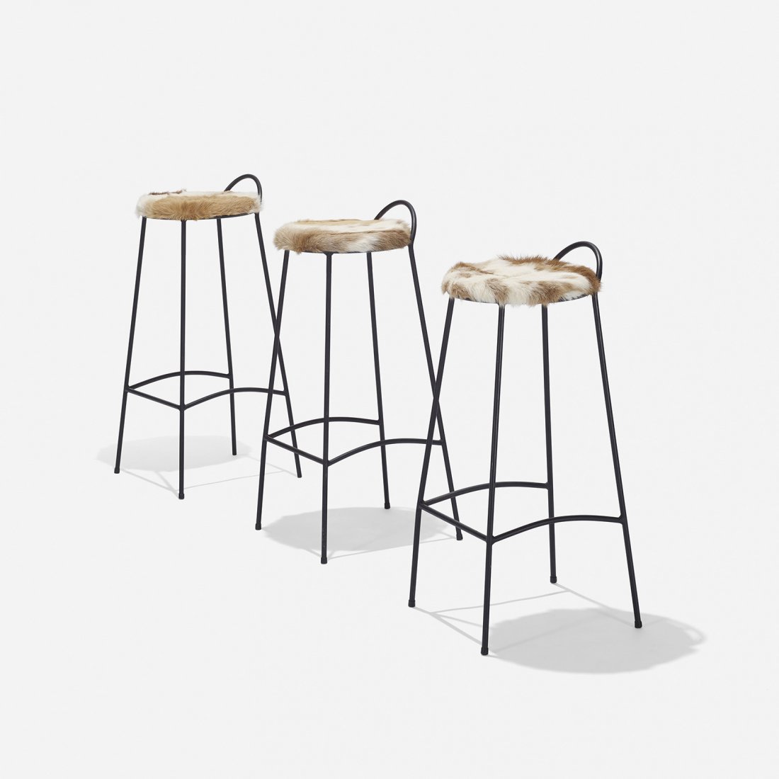 Muriel Coleman stools, set of three: Muriel Coleman stools, set of three Pacifica Iron Works USA, c. 1950 enameled steel, cowhide 15 w x 15 d x 31.5 h inches