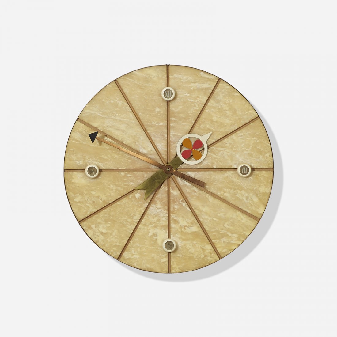 George Nelson & Associates wall clock, model 2258A: George Nelson & Associates wall clock, model 2258A Howard Miller Clock Company USA, 1957 marble, brass, lacquered wood, enameled brass 11.75 dia x 30.75 h inches Signed with decal manufacturer's label