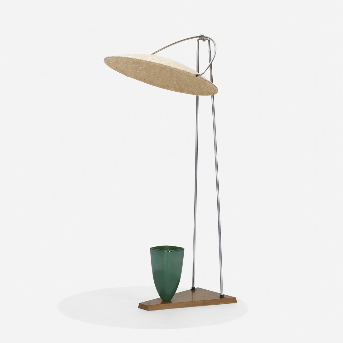 Mitchell Bobrick floor lamp: Mitchell Bobrick floor lamp Controlight USA, 1949 chrome-plated steel, fiberglass, glazed ceramic, birch, enameled aluminum 27.5 w x 24 d x 57 h inches Signed with decal manufacturer's label to socket