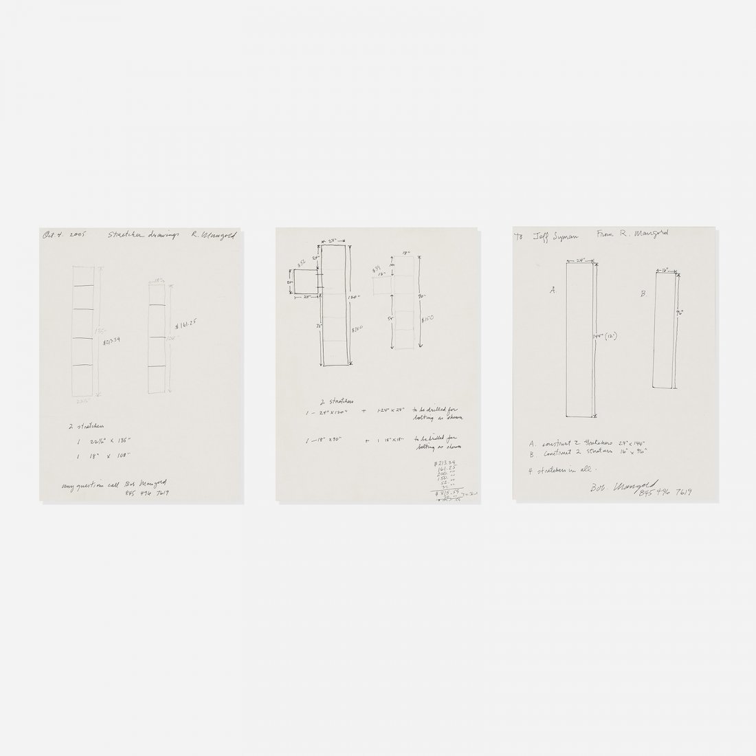 Robert Mangold sketches (three works): Robert Mangold sketches for shaped canvases (three works) USA, 2005 ink and graphite on paper 11 h x 8.5 w inches Signed, inscribed and dated to each work 'R. Mangold Oct 4 2005'. These sketches detai