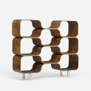 Chris Ferebee Hive shelving unit: Chris Ferebee Hive shelving unit USA, 1999/2002 walnut plywood, aluminum 47.75 w x 12 d x 41 h inches This work is number 7 from the edition of 10. Signed with applied studio label to underside: [Five