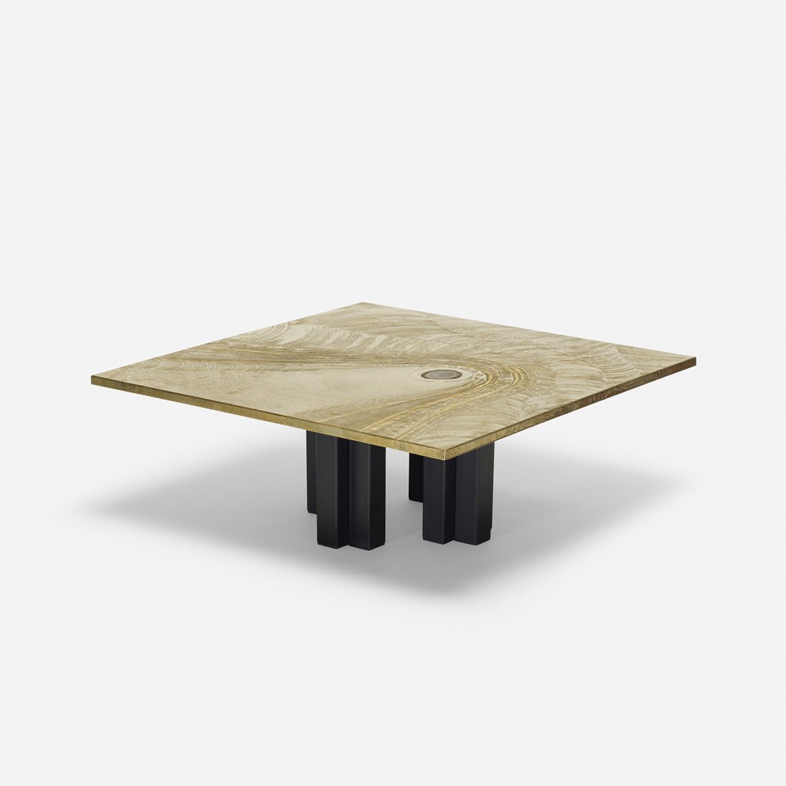 Christian Krekels coffee table: Christian Krekels coffee table Belgium, c. 1975 etched brass, enameled steel, agate 38 w x 38 d x 14.5 h inches Incised signature to top: [Christian Krekels].