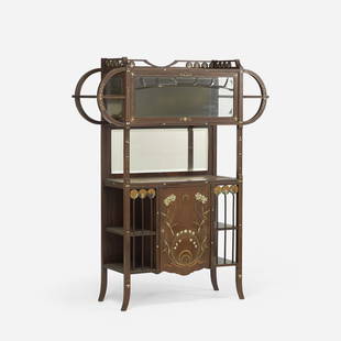 Carlo Zen cabinet: Carlo Zen cabinet Italy, c. 1902 mahogany, glass, mother of pearl, brass, maple, white metal, mirrored glass 46.25 w x 13.5 d x 58.25 h inches Cabinet features one door concealing one removable shelf