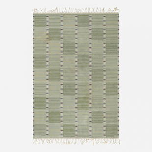 Barbro Nilsson Falurutan flatweave carpet: Barbro Nilsson Falurutan flatweave carpet Marta Maas-Fjetterstrom AB Sweden, 1952 hand-woven wool 70 w x 99.5 l inches Woven signature to edge: [AB MMF BN].