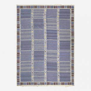 Barbro Nilsson Salerno flatweave carpet: Barbro Nilsson Salerno flatweave carpet Marta Maas-Fjetterstrom AB Sweden, 1948 hand-woven wool 79 w x 104 l inches Woven signature to edge: [AB MMF BN]. Literature: Marta Maas-Fjetterstrom: