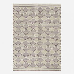 Barbro Nilsson Spattan tapestry weave carpet: Barbro Nilsson Spattan tapestry weave carpet Marta Maas-Fjetterstrom AB Sweden, 1943 hand-woven wool 70 w x 99.5 l inches Woven signature to edge: [AB MMF BN]. Literature: Marta Maas-Fjetterstrom: Mar