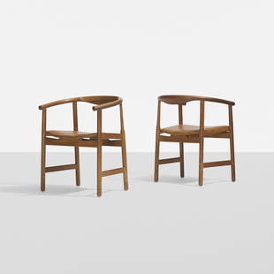 Hans Wegner armchairs, pair: Hans Wegner armchairs, pair PP Mobler Denmark, 1969 oak, leather, wenge 23 w x 19 d x 28 h inches Literature: Hans J. Wegner's 100 Chairs, Oda, pg. 191