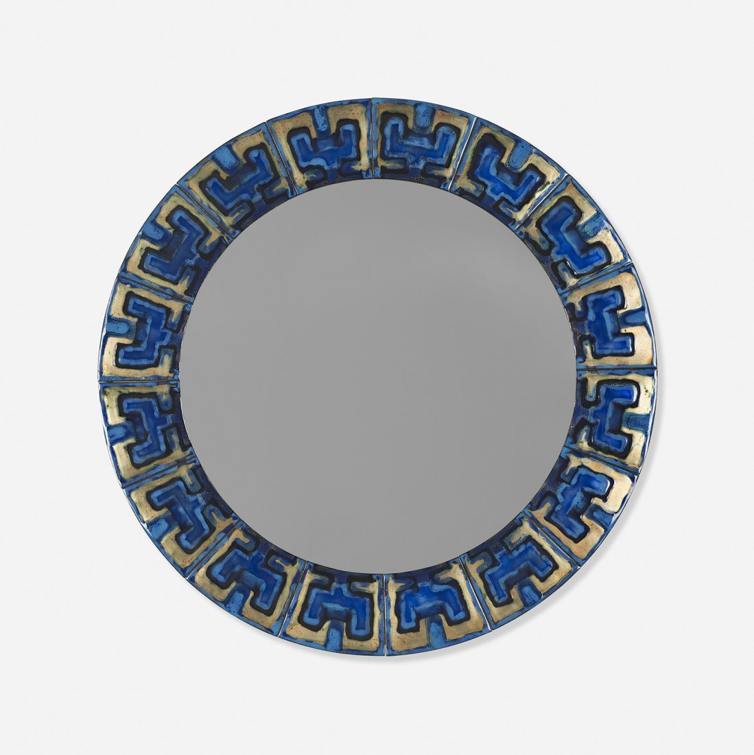 Bodil Eje mirror: Bodil Eje mirror Denmark, c. 1960 fire-enameled copper, mirrored glass 23.75 dia x 13.5 h inches Signed with decal studio label to reverse: [Bodil Eje Emailje Hellerupvej 52 Hellerup He 1507].