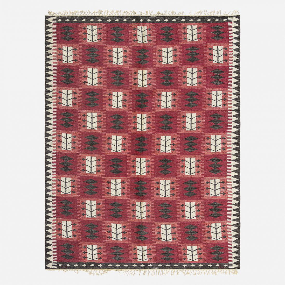 Berit Koenig flatweave carpet: Berit Koenig flatweave carpet Svensk Hemslojd Sweden, c. 1950 hand-woven wool 97 w x 125 l inches Woven signature to edge: [SH BK].