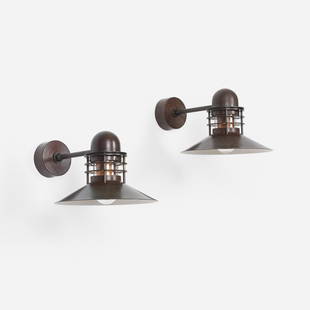 Alfred Homann and Ole Kjaer Nyhavn sconces, pair: Alfred Homann and Ole Kjaer Nyhavn sconces, pair Louis Poulsen Denmark, 1976 copper, glass 12 w x 17 d x 9 h inches Signed with applied manufacturer's label to each example: [Louis Poulsen Made in Den