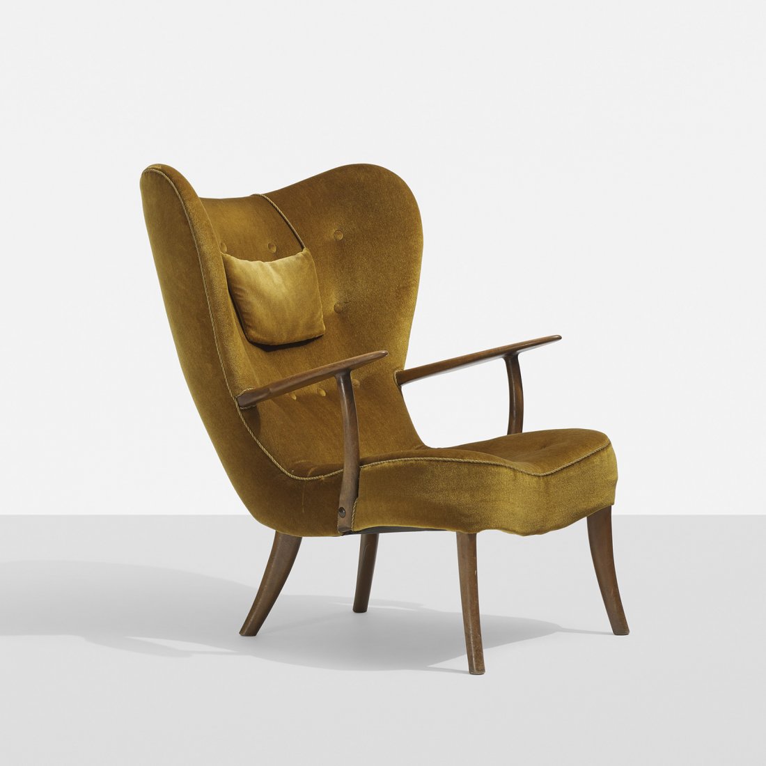 Acton Schubell and Ib Madsen lounge chair: Acton Schubell and Ib Madsen lounge chair Madsen & Schubell Denmark, c. 1950 upholstery, stained beech, brass 32 w x 35.5 d x 39 h inches